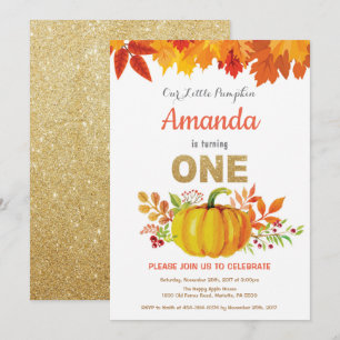 Pumpkin Fall First Birthday Gold Glitter Invitation