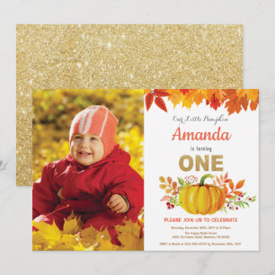 Pumpkin Fall First Birthday Gold Glitter Invitation