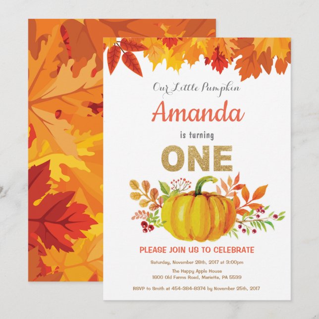 Pumpkin Fall First Birthday Gold Glitter Invitation (Front/Back)