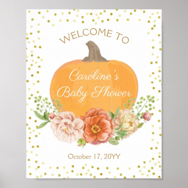 Pumpkin Fall Floral Baby Shower Welcome Sign (Front)