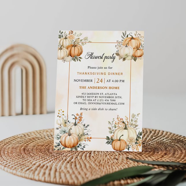 Pumpkin Fall Floral Harvest Thanksgiving Dinner Invitation (Creator Uploaded)