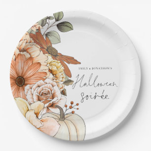 Pumpkin Fall Florals Script Halloween Soirée Paper Plate