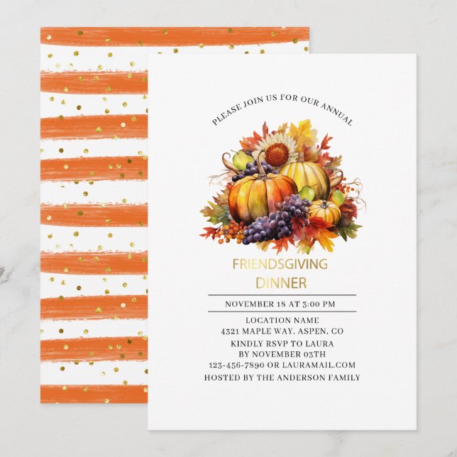 Pumpkin Fall Friendsgiving dinner watercolor Invitation (Front/Back)