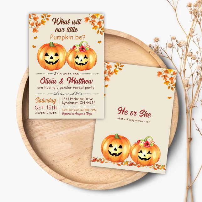 Pumpkin Fall Gender Reveal Invitation He or She (Creator Uploaded)