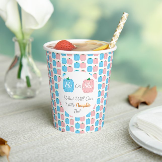 Pumpkin Fall Gender Reveal Paper Cups (Insitu)