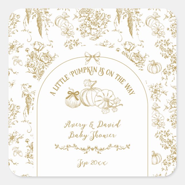Pumpkin Fall Gold Whimsical Floral Baby Shower Square Sticker (Front)