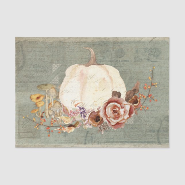 Pumpkin Fall Grey Orange Floral Mushroom Decoupage Tissue Paper (Front)