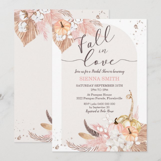 Pumpkin Fall in Love Bridal Shower Invitation Boho (Front/Back)