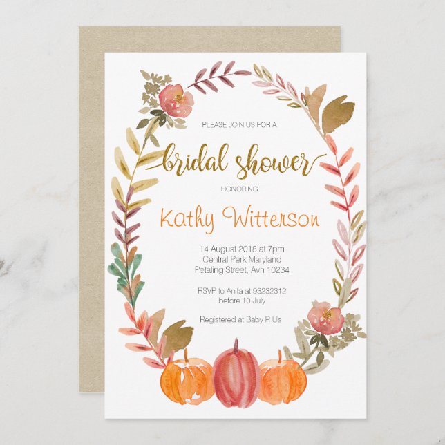 Pumpkin Fall in Love Fall Floral Bridal Shower Invitation (Front/Back)