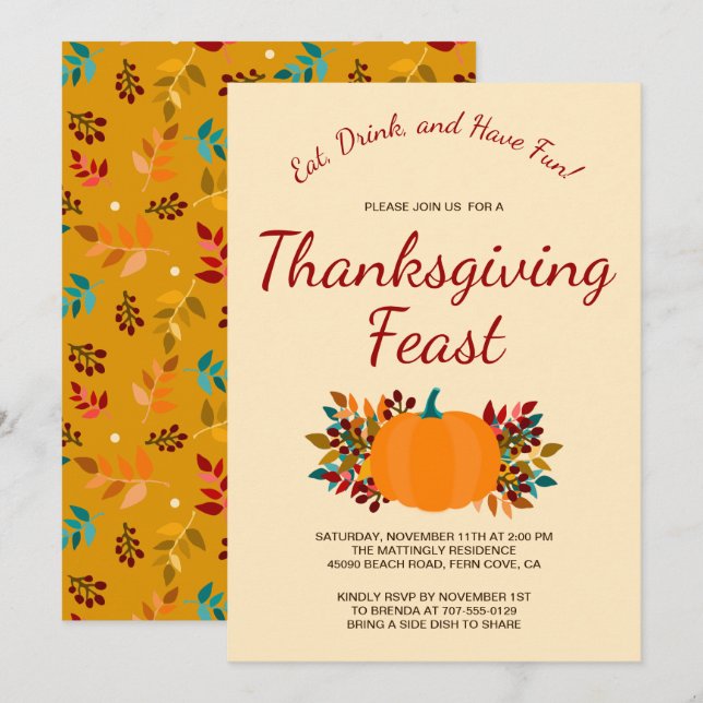 Pumpkin Fall Leaves Colourful Gold Thanksgiving Invitation (Front/Back)