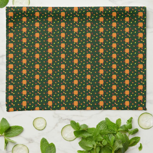 Pumpkin Fall Leaves Tea Towel (Folded)