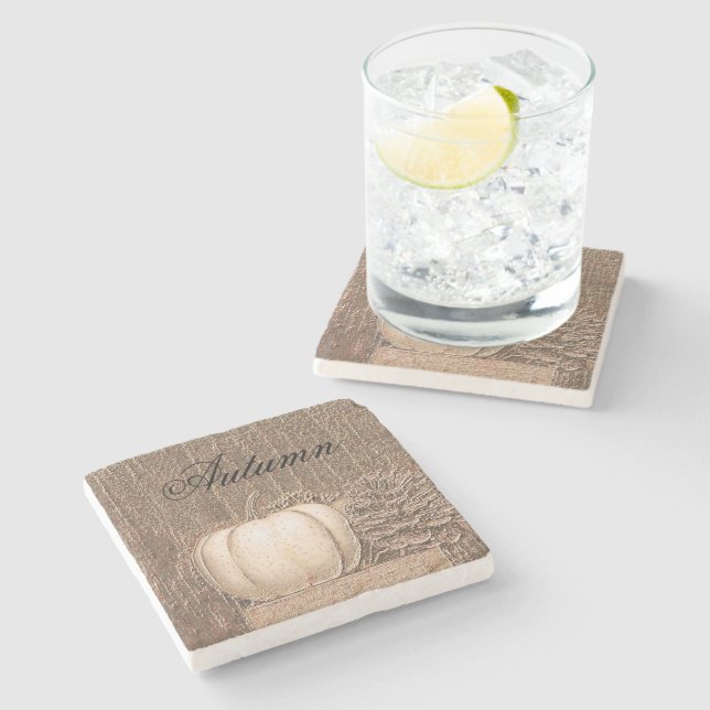 Pumpkin Fall Metallic White Gold Elegant Country Stone Coaster (Side)