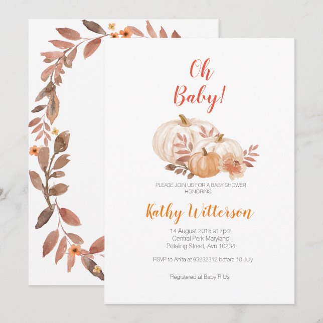 Pumpkin Fall oh baby shower invitation (Front/Back)