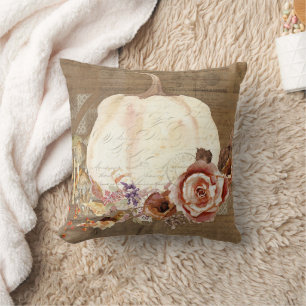 Pumpkin Fall Orange Floral Mushrooms Cottagecore  Cushion