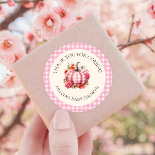 Pumpkin Fall Pink Plaid Baby Shower Classic Round Sticker
