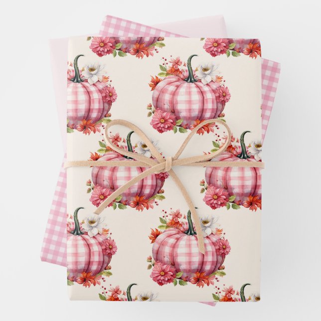 Pumpkin Fall Pink Plaid Baby Shower Wrapping Paper Sheet (In situ)
