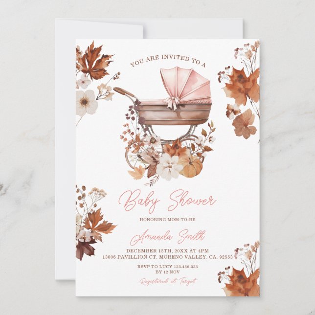 Pumpkin Fall Stroller Vintage Girl Baby Shower Invitation (Front)