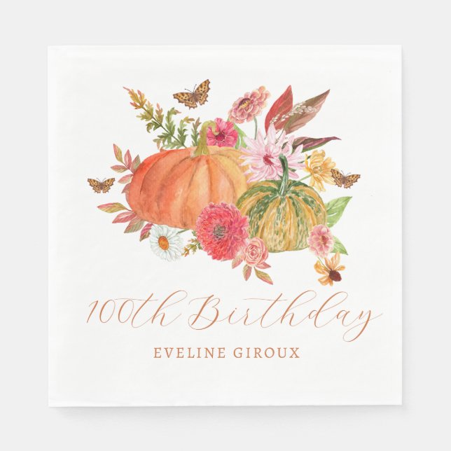 Pumpkin Fall Wildflower Floral 100th Birthday Napkin (Front)