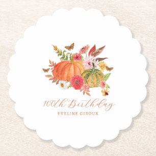Pumpkin Fall Wildflower Floral 100th Birthday Paper Coaster