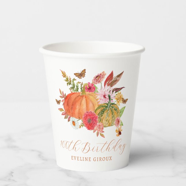 Pumpkin Fall Wildflower Floral 100th Birthday Paper Cups (Front)
