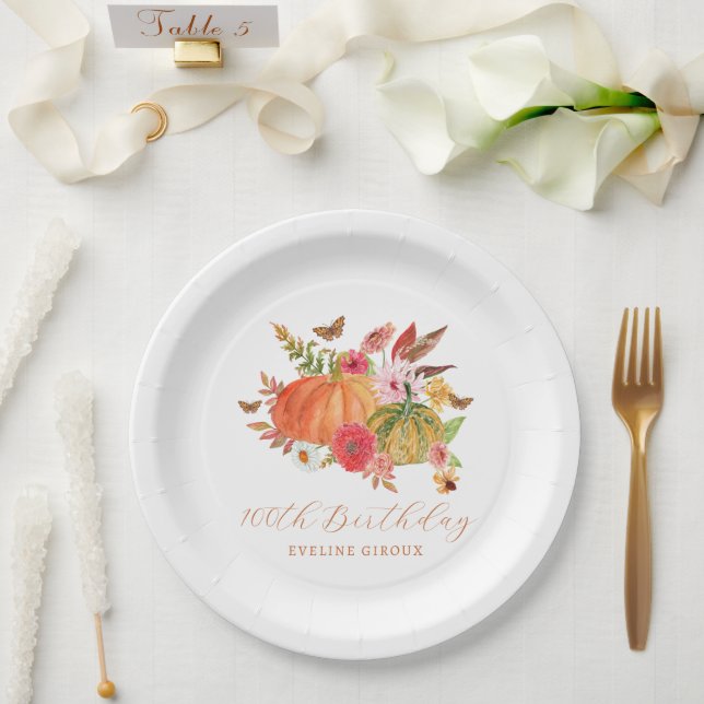 Pumpkin Fall Wildflower Floral 100th Birthday Paper Plate (Wedding)
