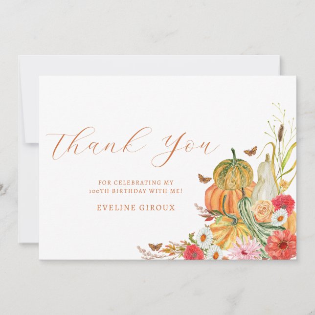 Pumpkin Fall Wildflower Floral 100th Birthday Thank You Card (Front)
