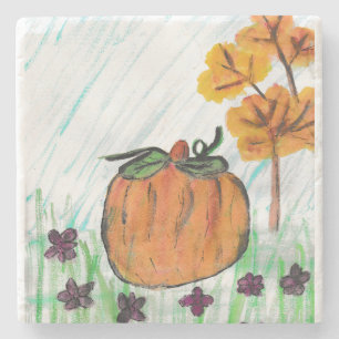 Pumpkin Fall with Purple Flowers Stone Coaster