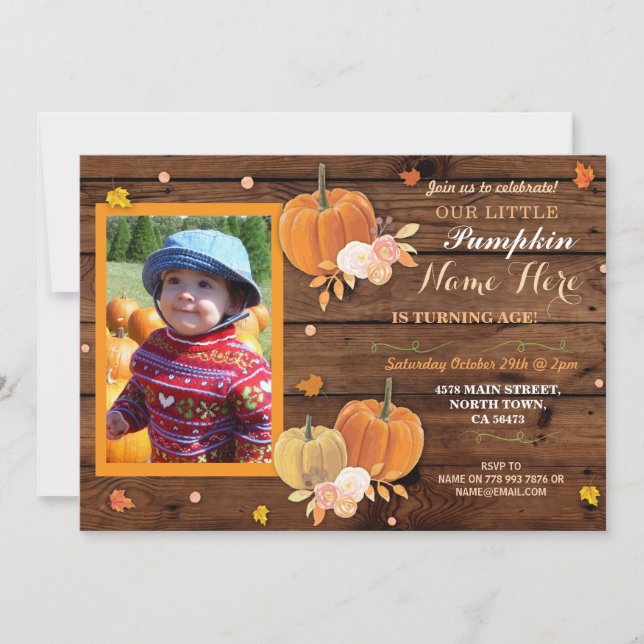 Pumpkin Fall Wood Birthday Party ANY Age Invite (Front)