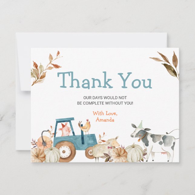 Pumpkin Farm Animal Tractor Baby Shower Thank You (Front)
