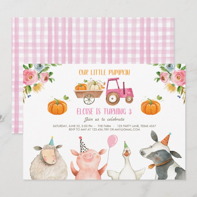 Pumpkin Farm Barnyard Fall Girl Party Birthday Invitation (Front/Back)
