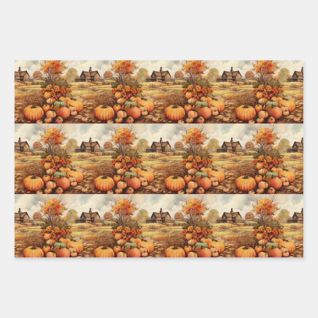 Pumpkin Farm Fall Harvest Thanksgiving Pattern Wrapping Paper Sheet (Front)