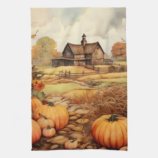 Pumpkin Farm Fall Harvest Thanksgiving Tea Towel (Vertical)