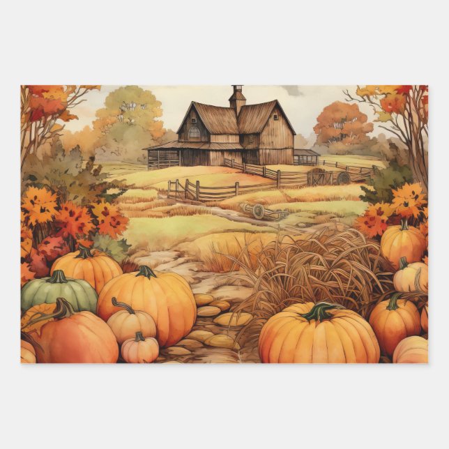 Pumpkin Farm Fall Harvest Thanksgiving Wrapping Paper Sheet (Front)