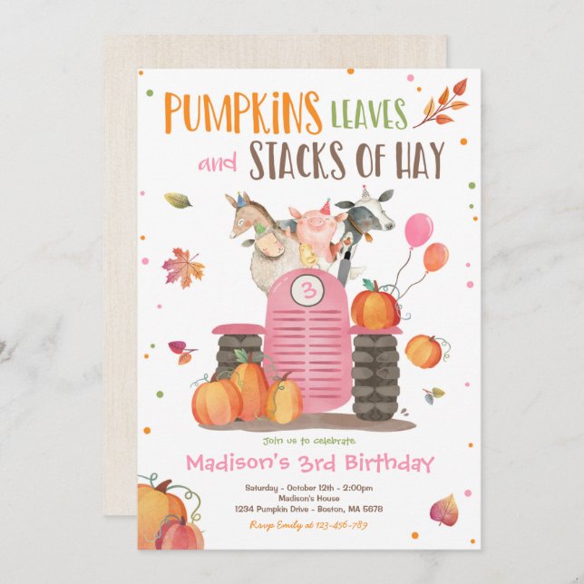 Pumpkin Farm Party Pink Tractor Birthday Party Invitation (Front/Back)