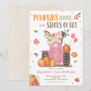Pumpkin Farm Party Pink Tractor Birthday Party Invitation