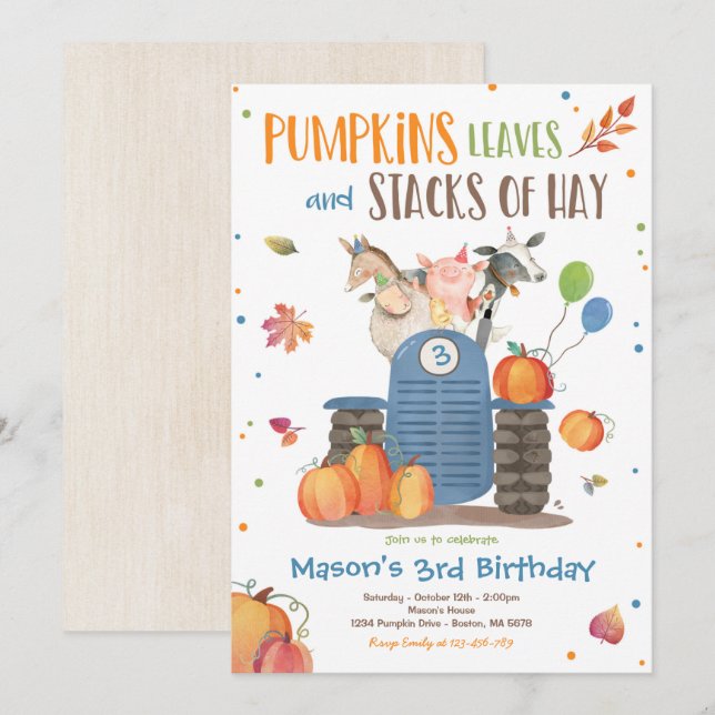 Pumpkin Farm Party Pumpkin Tractor Birthday Party Invitation (Front/Back)