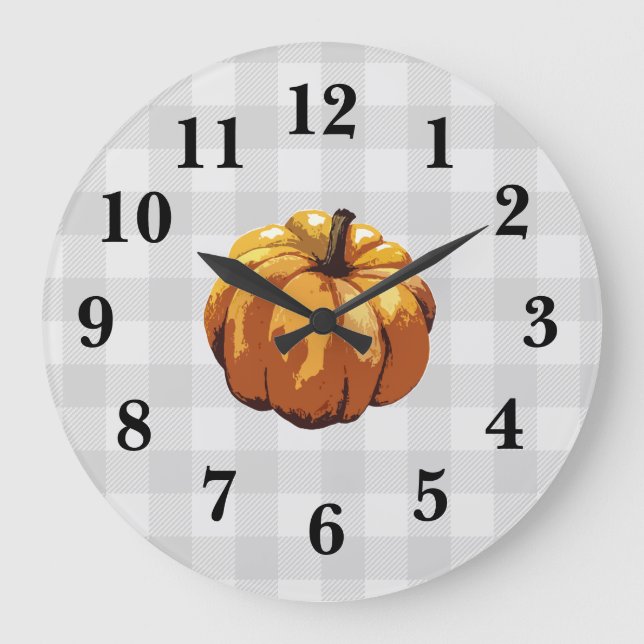 Pumpkin Farmhouse Gingham Gray Rustic Decor Large Clock (Front)