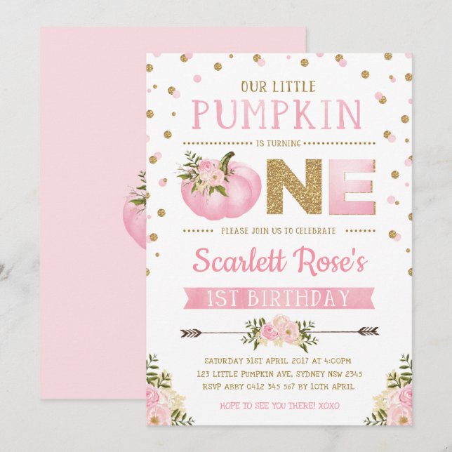 Pumpkin First 1st Birthday Invitation Pink & Gold (Front/Back)