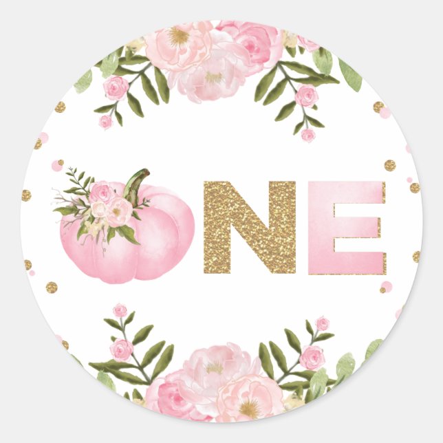 Pumpkin First 1st Birthday Pink Floral Autumn Fall Classic Round Sticker (Front)