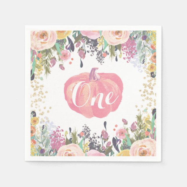 Pumpkin First Birthday Floral Gold Glitter Napkin (Front)