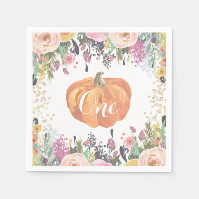 Pumpkin First Birthday Floral Gold Glitter Napkin (Front)