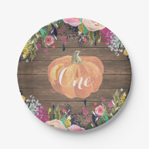 Pumpkin First Birthday Floral Gold Paper Plates
