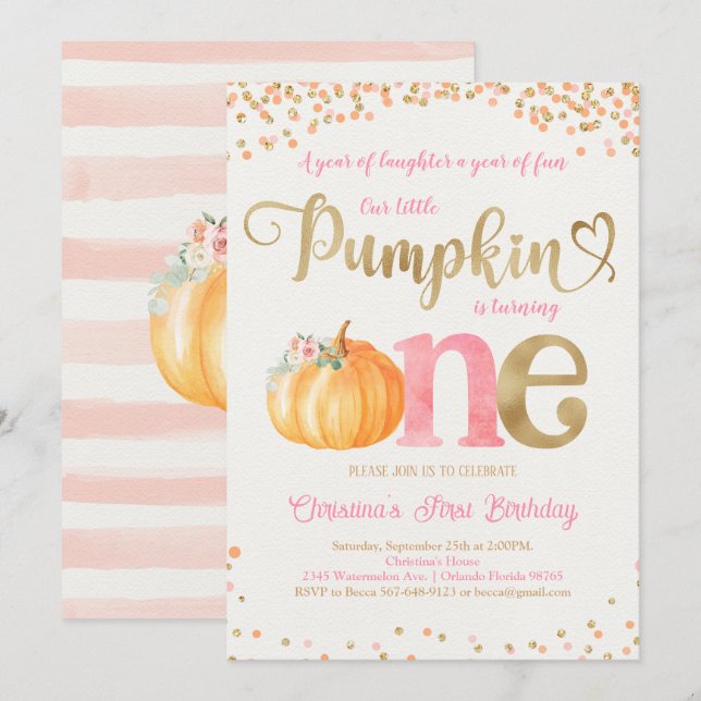 Pumpkin First Birthday  Invitation (Front/Back)