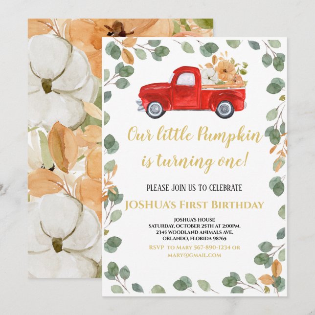 Pumpkin First Birthday Invitation (Front/Back)