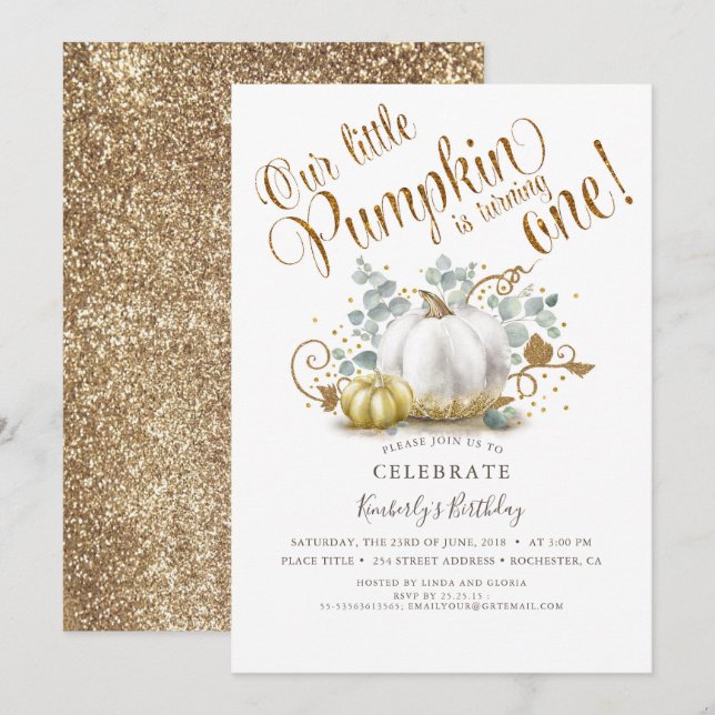 Pumpkin First Birthday Invitation Autumn Fall Gold (Front/Back)