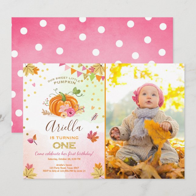 Pumpkin First birthday invitation Autumn Fall Pink (Front/Back)