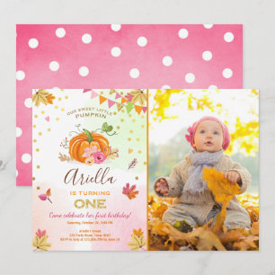 Pumpkin First birthday invitation Autumn Fall Pink