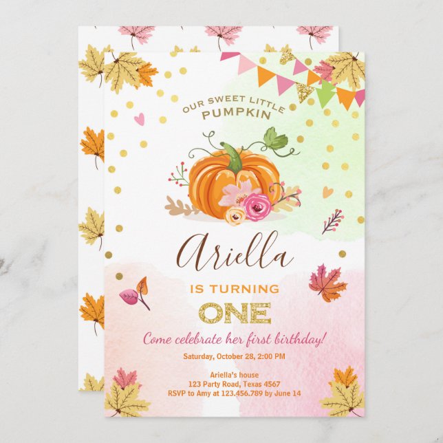 Pumpkin First birthday invitation Autumn Fall Pink (Front/Back)