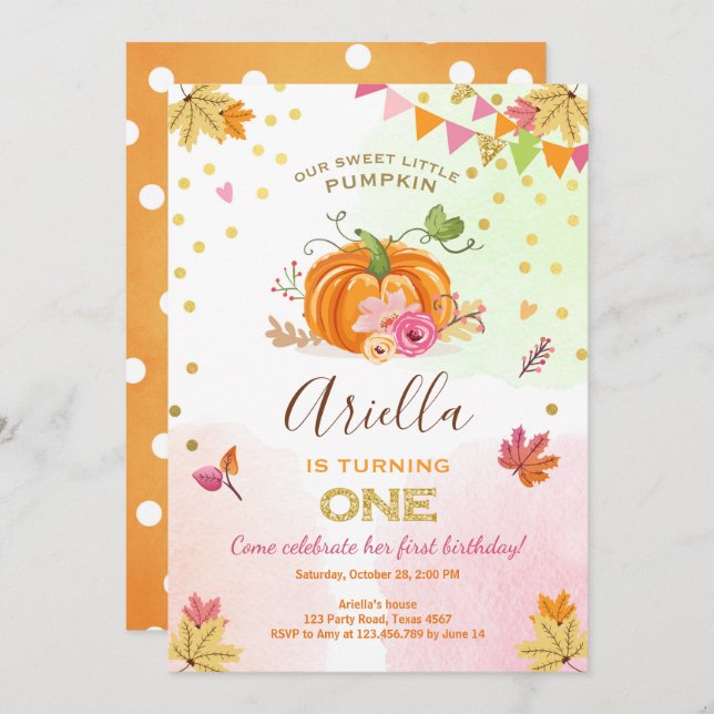 Pumpkin First birthday invitation Autumn Fall Pink (Front/Back)