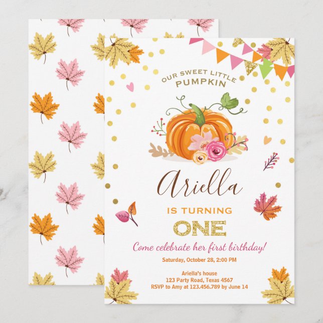 Pumpkin First birthday invitation Autumn Fall Pink (Front/Back)
